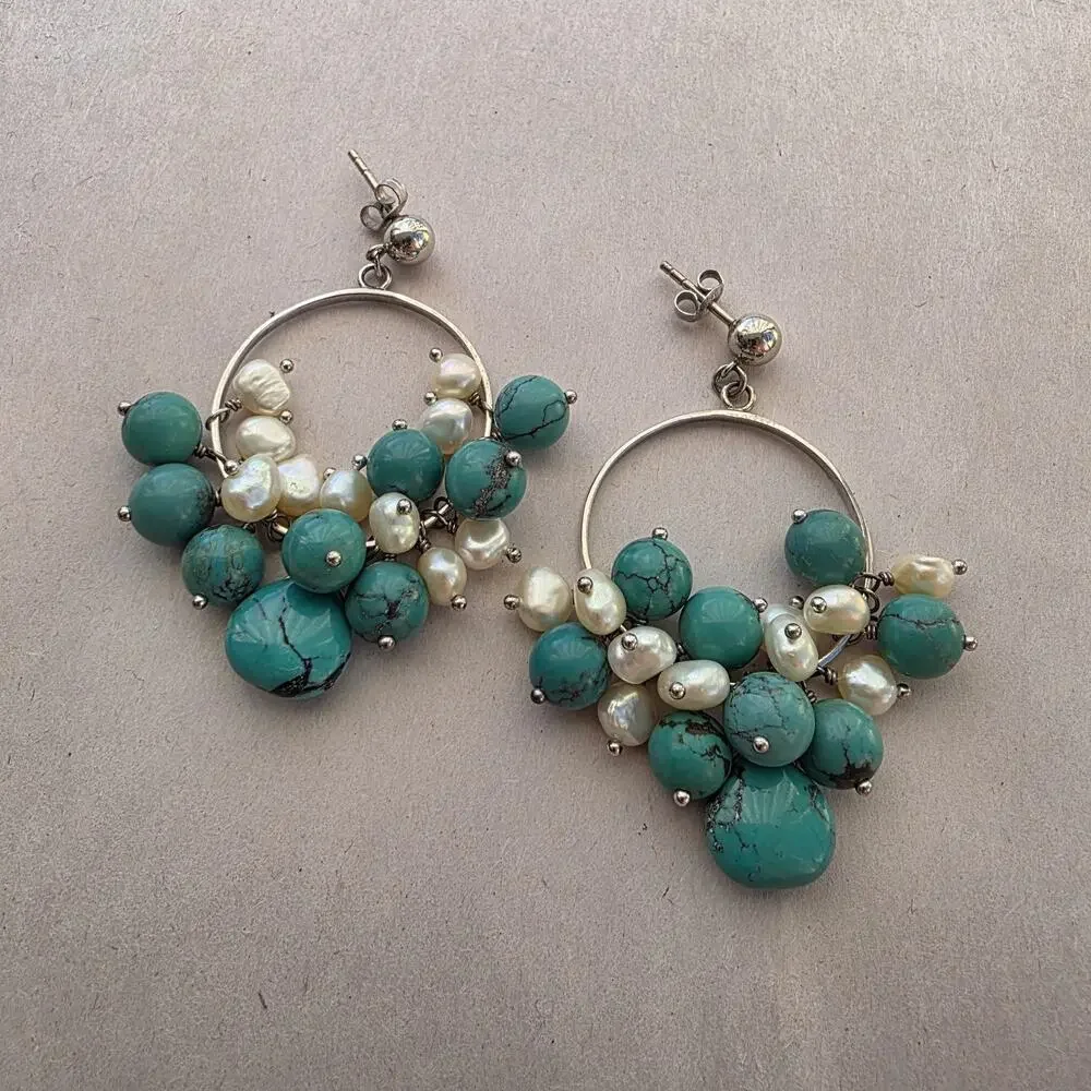 Diana Venezia Sterling Silver 925 Earrings Turquoise Boho Beaded Dangle‎ Cluster